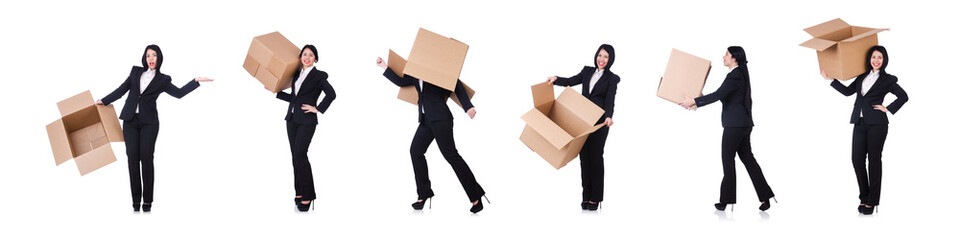 Woman with lots of boxes on white