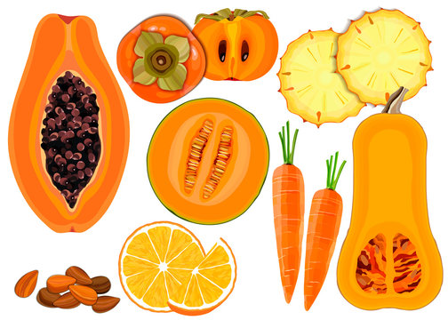 Collection of fresh orange color vegetables and fruits raw on white background