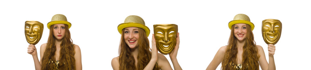 Girl in golden mask isolated on white