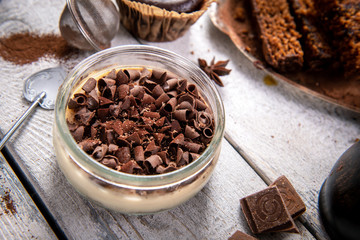 Delicious milk chocolate dessert with creamy center