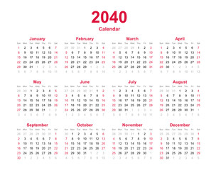 Calendar 2040 - 12 months yearly vector calendar - calendar planner template