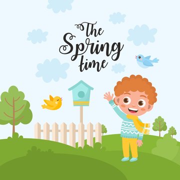 Spring nature landscape. hild rejoices in spring. Sunny day with blue sky, green meadow and birdhouse. The Spring Time message.