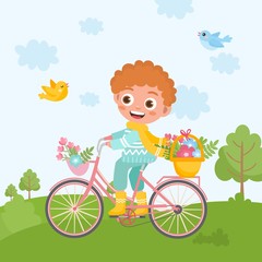 Spring greeting card. Little boy rides a bicycle in a green meadow. Cute childish illustration. Spring nature landscape.