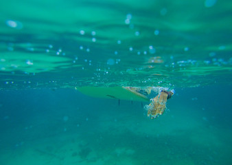 Surfing on the ocean wave photo underwater