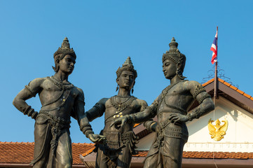 Fototapeta na wymiar The Three Kings Monument Or commonly known as Three Kings Monument Is the royal monument of the creators of Wiang Chiang Mai, namely Phaya Mangrai, Phaya Ngam Muang and King Ramkhamhaeng the Great.