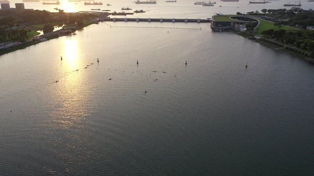 Marina Bay, Singapore Dec 24/2019 4k aerial video of Marina bay during sunrise  early monring