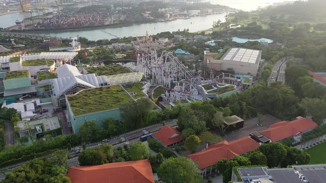 4k aerial video of Resorts World Sentosa on Sentosa Island during morning
