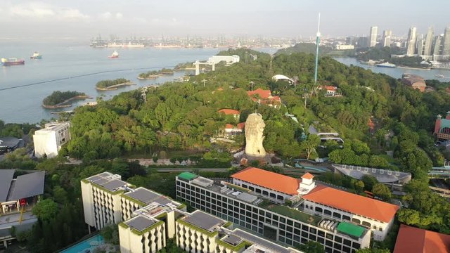 4k aerial video of Resorts World Sentosa on Sentosa Island during morning