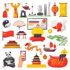 Learning Chinese language and China tourism, travel vector illustration isolated set collection. Student man with laptop, phone. China landmarks, symbols dragon, panda, country map and architecture.
