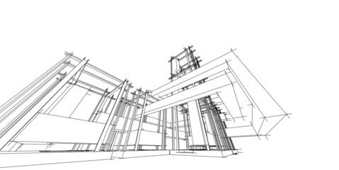 Modern architectural structure, Abstract perspective architectural sketch drawing.