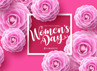 Women's day vector concept design. Womens day greeting text with white frame and pink camellia flowers background for international celebration for woman. 