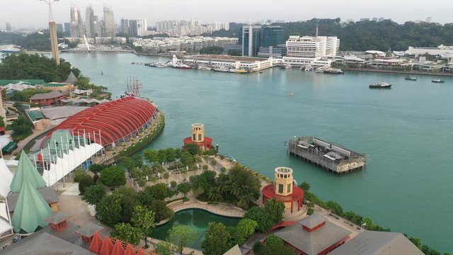 4k aerial video of Resorts World Sentosa on Sentosa Island during morning