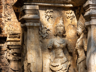Ancient stucco patterns ,Wat Chet Yot temple,B.E. 1998 King Tilokaraj The 9th King of the Mangrai Dynasty built of laterite decorated with stucco designs. Is a Bodh Gaya pagoda India.