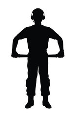 Aviation Marshaller silhouette vector / Supervisor meets passenger airplane at the airport. Ground Crew in the signal vest.