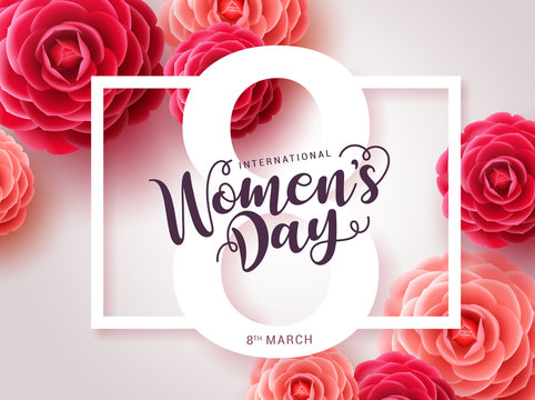 Women's day vector design. Womens day greeting text with red camellia flowers background for woman international celebration. Vector illustration 
