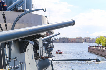 View from the side of the cruiser Aurora in St. Petersburg