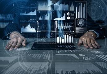 Big Data Technology for Business Finance Analytic Concept. Modern graphic interface shows massive...