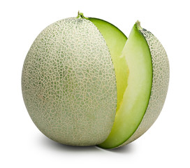 Ripe green melon sliced isolated on white with clipping path.