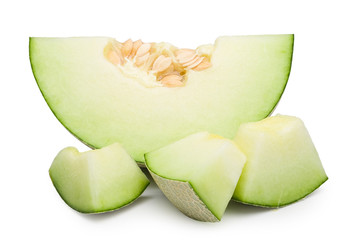Fresh green melon cut in half with seeds and slice isolated on white background. Melon clipping...