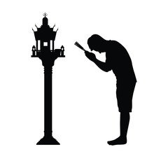Asian man pay homage to holy things silhouette vector