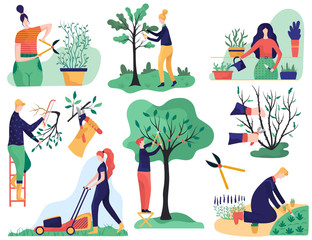 People gardening and cutting tree branches, cartoon characters vector illustration. Set of stickers in flat style, men and women cultivating plants in garden, orchard trees gardener and home greenery