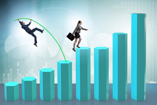 Business people vault jumping over bar charts