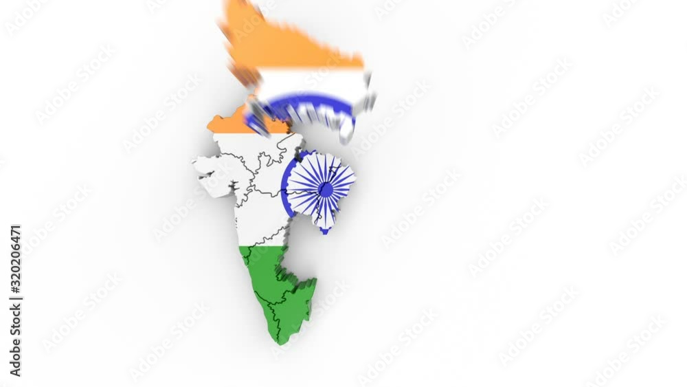 Poster map of india with flag, top view. formed by individual states falling from top to bottom on white. a