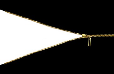 Black unzipped with golden teeth on black background opening from side to side. © Phetcharat