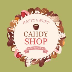 Chocolate sweet round frame with candy, truffels and typography in pink and brown colors vector illustration. Confection and sweets shop ad or poster with chocolates products theme.