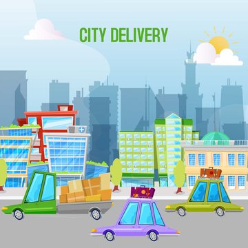 Fast cars city delivery service vector illustration. Cartoon city delivery trucks with boxes and parcels. Shipping by car or truck. Cars on urban landscape with buildings and sky scrappers poster.