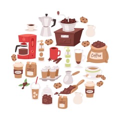 Coffee cartoon objects vector illustration. Coffee drink symbols collection in circle. Beverage mug, cup of espresso, bag of coffee beans and decaf, mocha, coffee making machine, handmill and cookies.