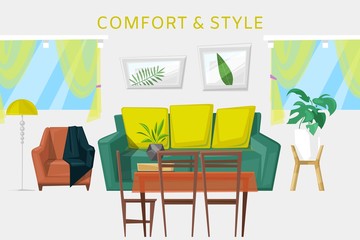 Modern interior with furniture cartoon room vector illustration. Living room with sofa, armchairs, coffee table, lamps and home plants, window curtains. Contemporary interior of furnished living room.