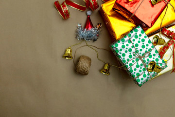 christmas gifts on wooden background