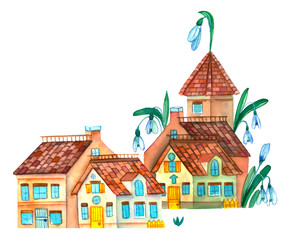 Fantastic watercolor fairytale house illustration