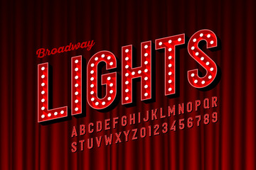 Broadway lights retro style font with light bulbs, vintage alphabet letters and numbers - obrazy, fototapety, plakaty