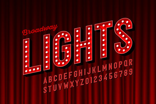 Broadway lights retro style font with light bulbs, vintage alphabet letters and numbers