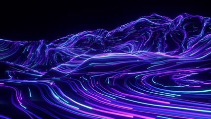 Mountain Trip UV Neon Lines / Hypnothic glowing lines travelling in space with slow-moving camera flying over them - Powered by Adobe