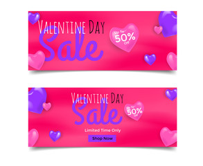 set of banners valentine sale with 3d hearts