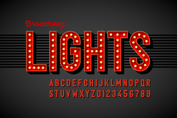 Broadway lights retro style font with light bulbs, vintage alphabet letters and numbers