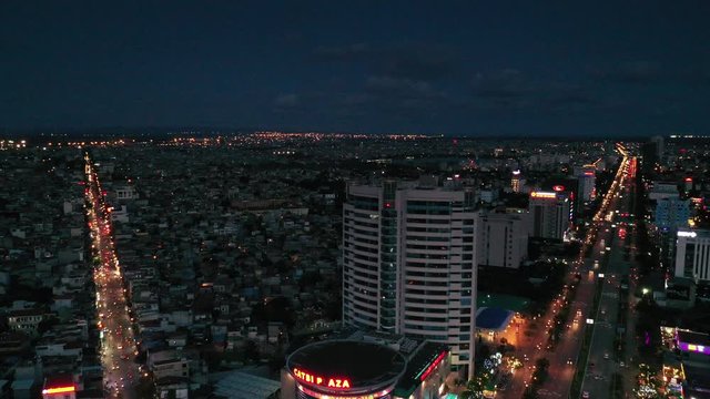 Haiphong, Vietnam July 2019 4k aerial view of Haiphong city skyline at 6 Roundabout during blue hour