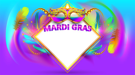 Mardi gras carnival mask poster background with copy space for text. Bokeh effect for celebration greeting card, banner, flyer. - Vector - obrazy, fototapety, plakaty
