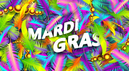 Mardi gras carnival banner with bird feathers and necklace poster isolated on white background. Use for greeting card, web, flyer, ad, ads. - Vector