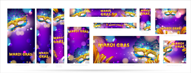 Mardi gras carnival mask web banner ad poster background with bokeh effect for celebration greeting card, banner, flyer. - Vector - obrazy, fototapety, plakaty