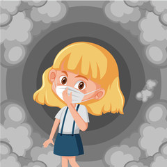 Sad girl wearing mask in smoke background