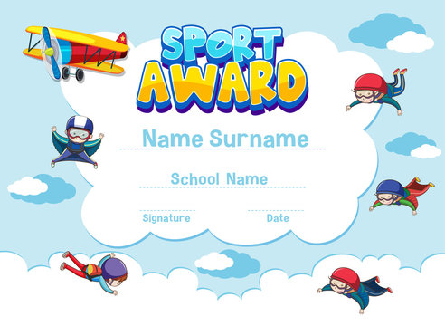 Certificate template for sport award with people skydiving in background