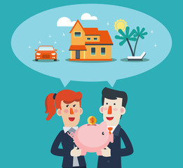 Business man and business woman holds piggy bank in his hand and dreams about house, car and holiday. Saving and investing money concept. Future financial planning concept
