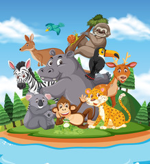 Scene with many wild animals in the park