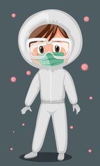 Doctor wearing mask and goggles with virus in the air