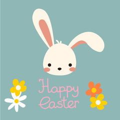 Cute kawaii cartoon flat vector easter white bunny, rabbit face with hand writing lettering - Happy easter and spring flowers