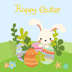 Cute flat cartoon vector easter bunny with colorful decorative eggs on green nature floral landscape with flowers with lettering